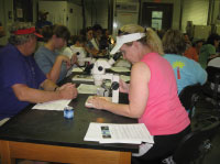 Teacher Wanda Hamilton and Carol Pride of Savannah State University use core samples to observe sediment climate changes at the 2009 Ocean Science Education Leadership Institute