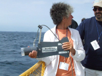 Barbara LaMourea gets tips from Steve Stewart on how to use the Sea Viewer to investigate quagga mussels